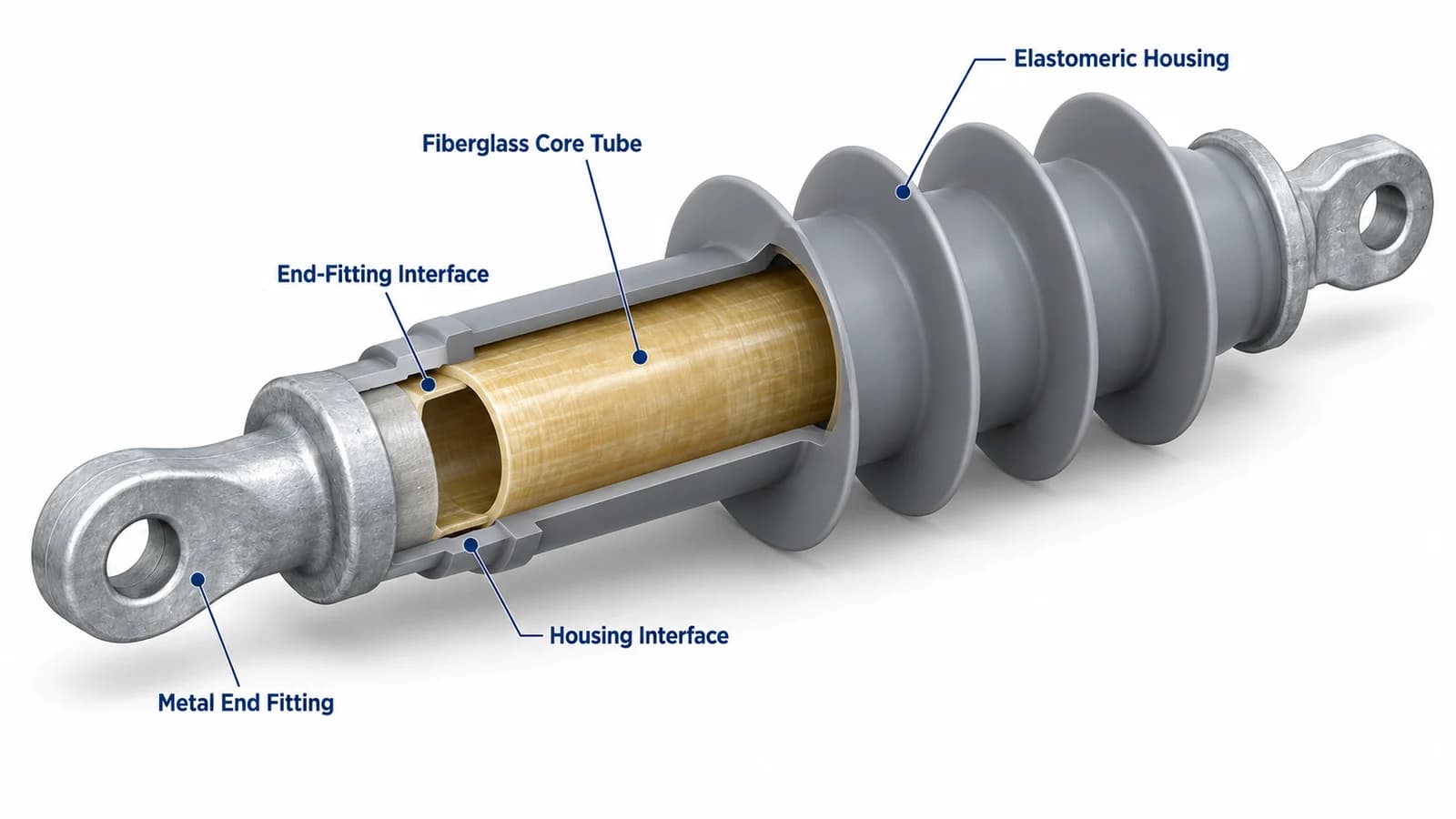 Composite hollow insulator cutaway showing epoxy fiberglass core tube, elastomeric housing, and metal end fittings.