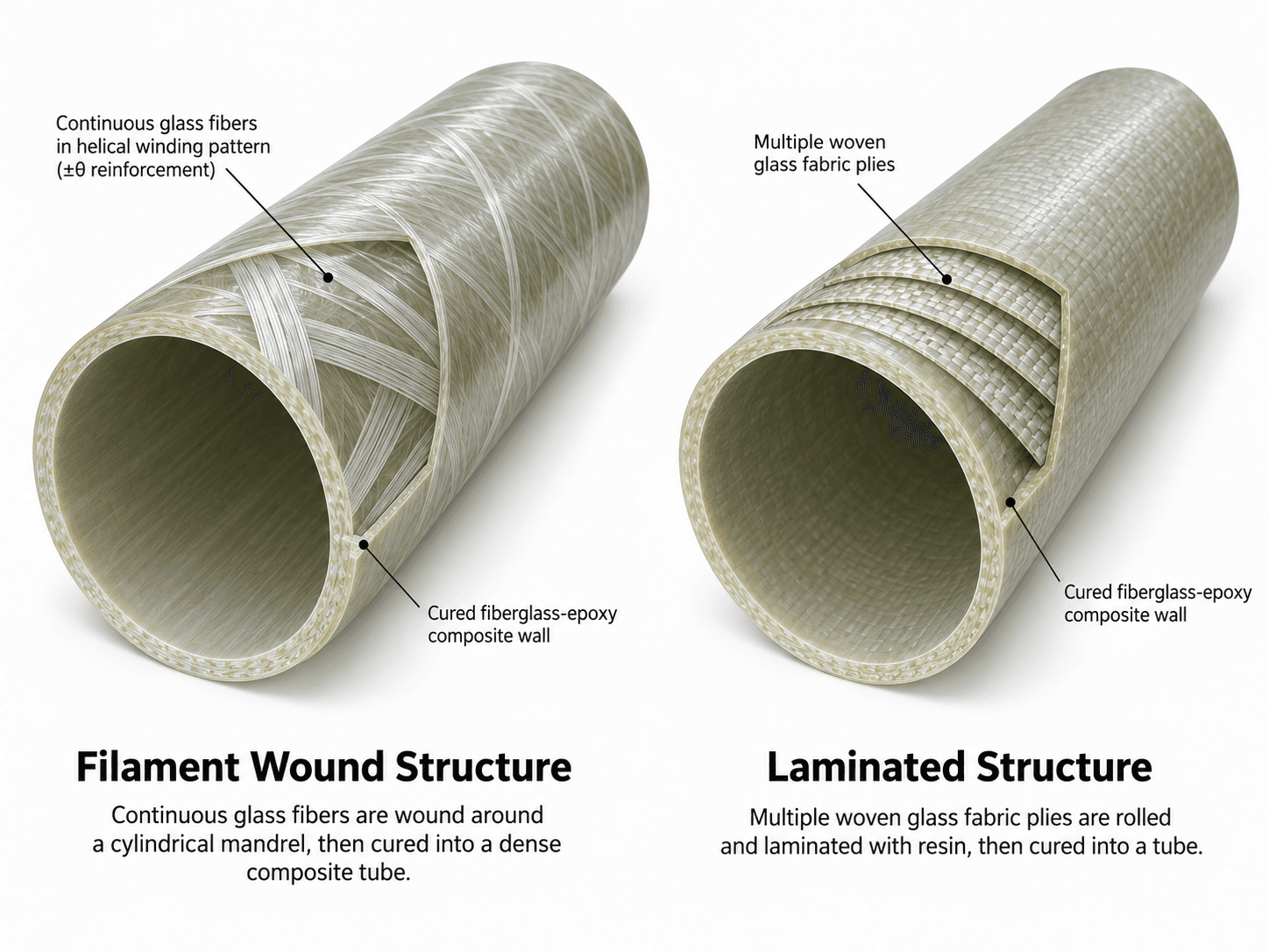 Comparison of filament wound and laminated epoxy fiberglass tube structures