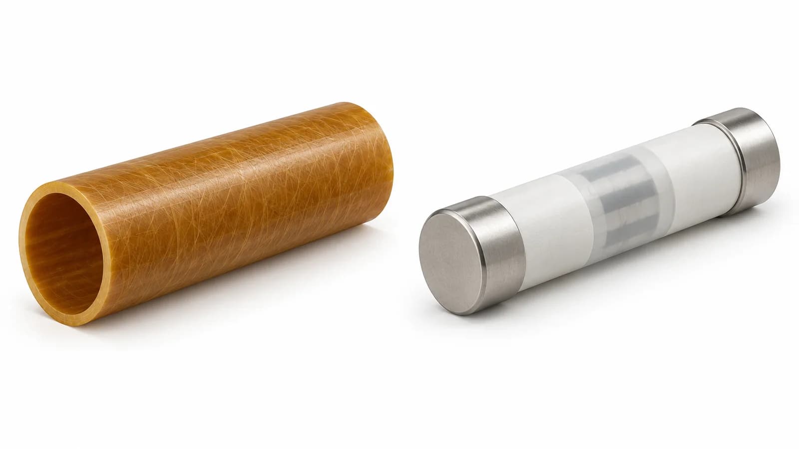 Engineering comparison of a bare epoxy fiberglass insulation tube and a simplified high-voltage current-limiting fuse-link assembly.